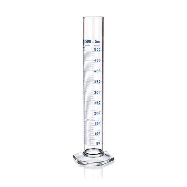 Measuring Cylinder, Class A, Blue Graduations, Hexagonal Base, Borosilicate Glass